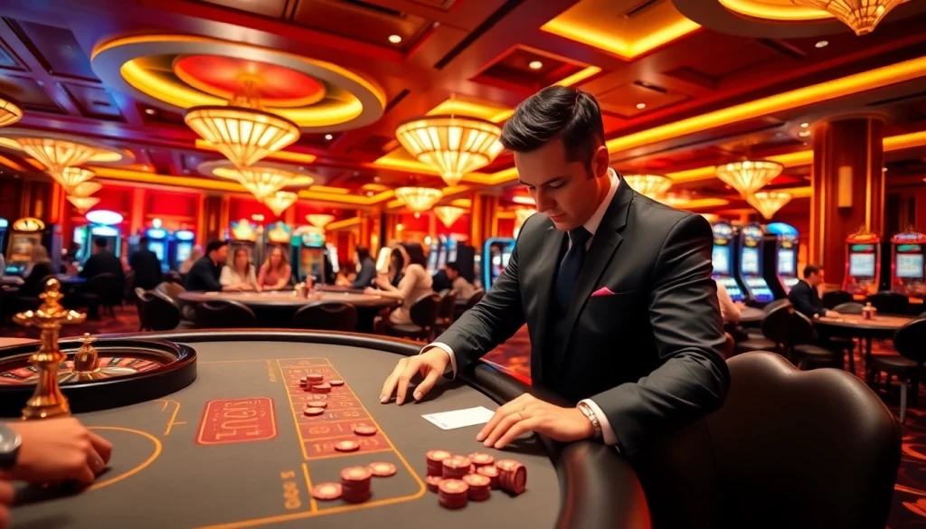 Engaging scene at Nhà cái Kuwin casino with players enjoying poker, roulette, and slot machines.