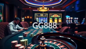 Experience high-stakes excitement at GG88 with poker chips and a roulette wheel.