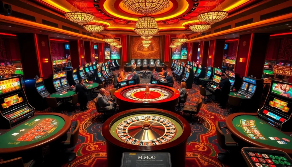 Gambling enthusiasts enjoy MMOO on a lively casino floor filled with roulette wheels and slot machines.