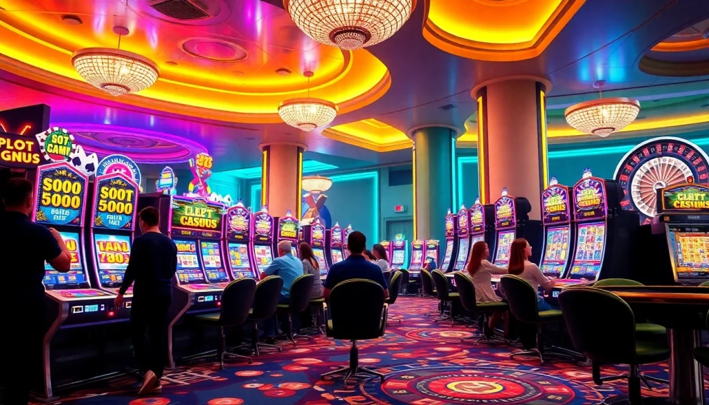 Experience the thrill of slot deposit 1000 at vibrant casino machines with players enjoying their game.