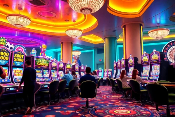 Experience the thrill of slot deposit 1000 at vibrant casino machines with players enjoying their game.