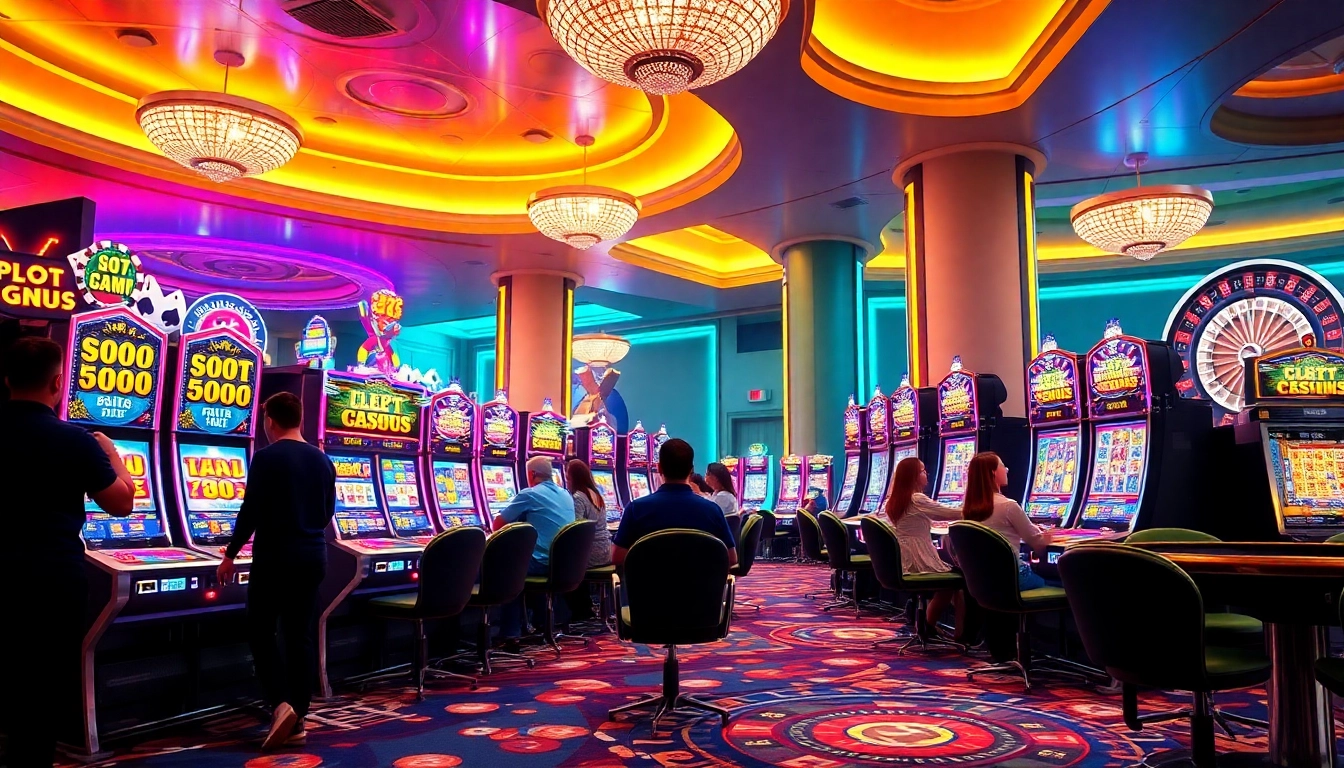 Experience the thrill of slot deposit 1000 at vibrant casino machines with players enjoying their game.