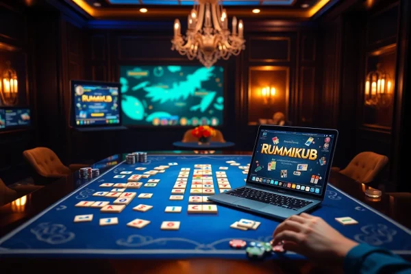 Engage in רמיקוב אונליין strategy with vibrant tiles and digital game interface, embodying excitement.