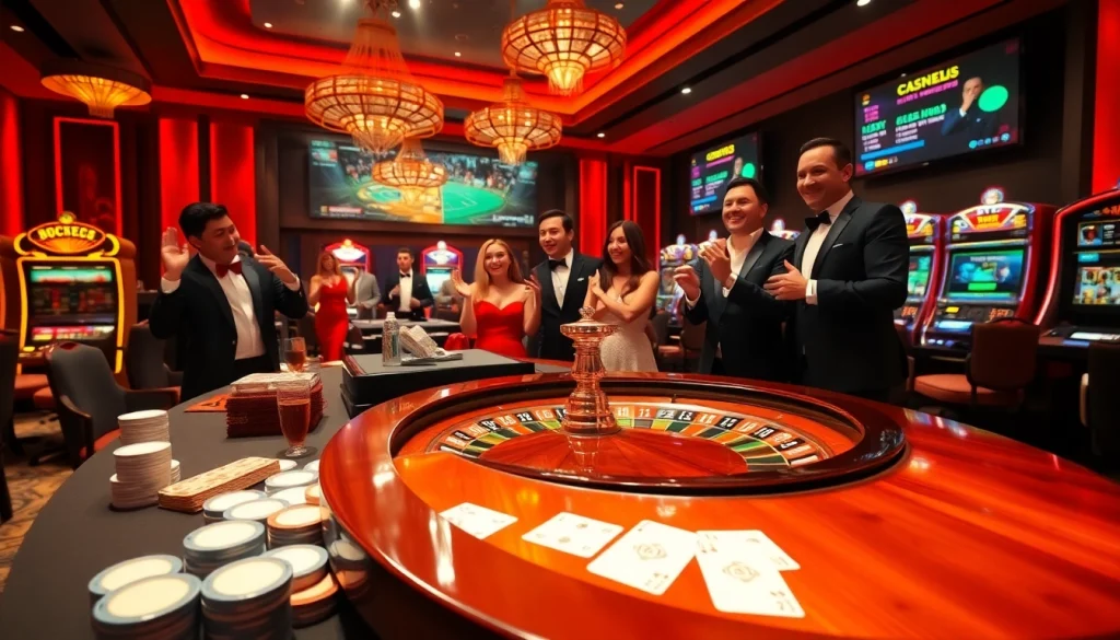 Gamblers celebrating a win at a luxurious 6FF casino table with cards and roulette.