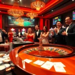 Gamblers celebrating a win at a luxurious 6FF casino table with cards and roulette.