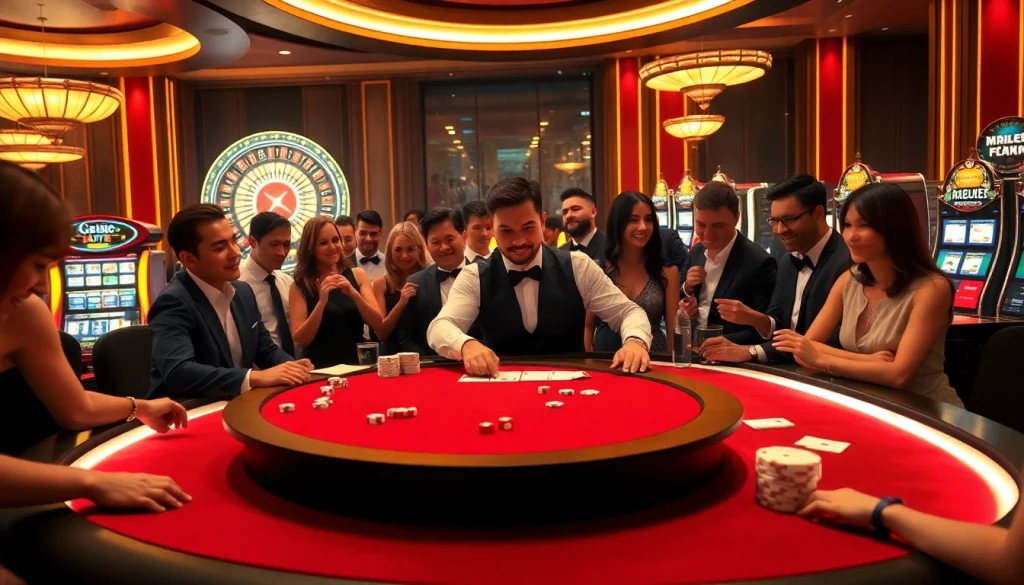 Experience vibrant casino action at mmoo with players engaging around a professional gaming table.