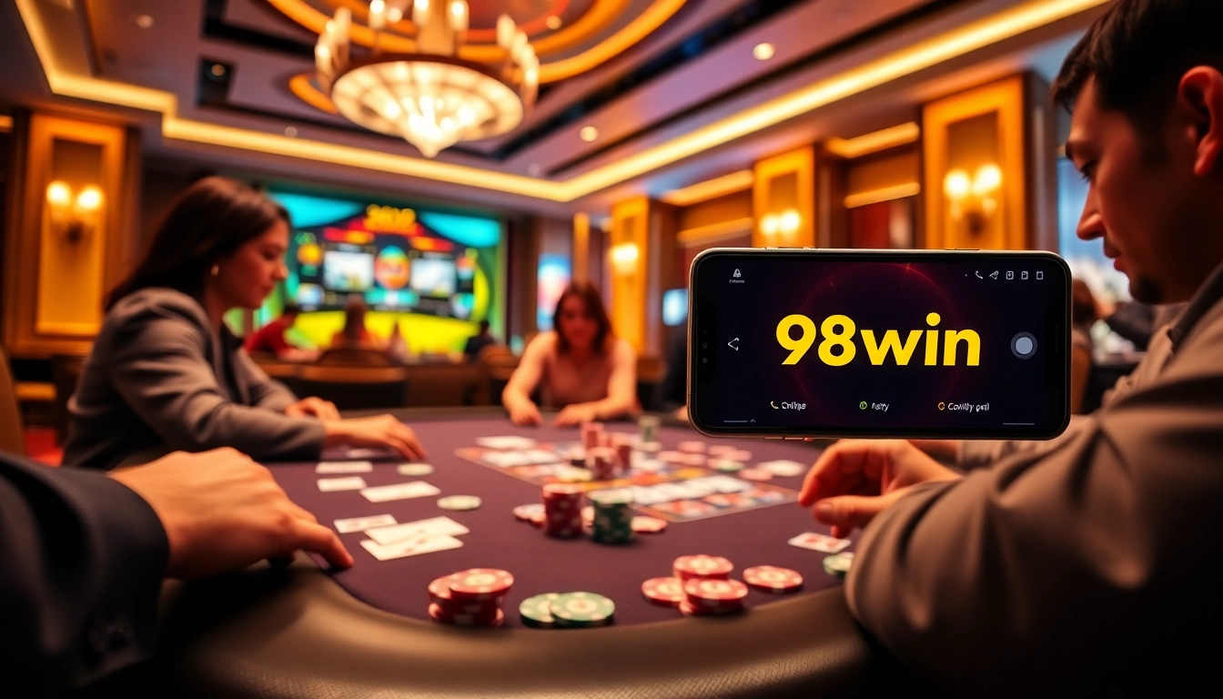 Experience high-stakes poker action with the 98win app in a luxurious casino setting.