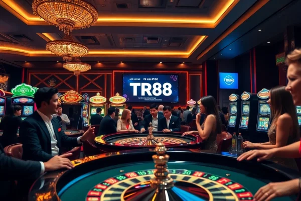 Experience the excitement of TR88 betting at an elegant casino with vibrant slot machines and roulette tables.
