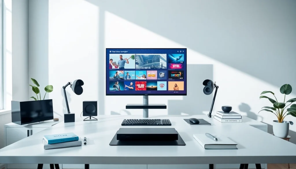 Lauthaitv digital workspace showcasing high-tech devices and vibrant media visuals