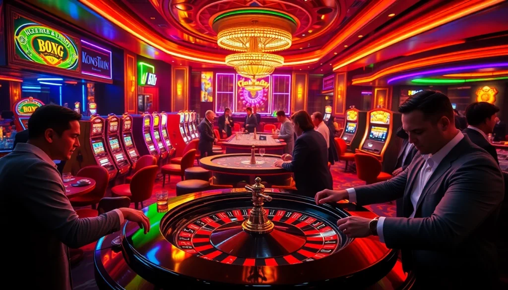 KJC gamblers strategically placing bets at a luxurious casino roulette table amid vibrant lights.