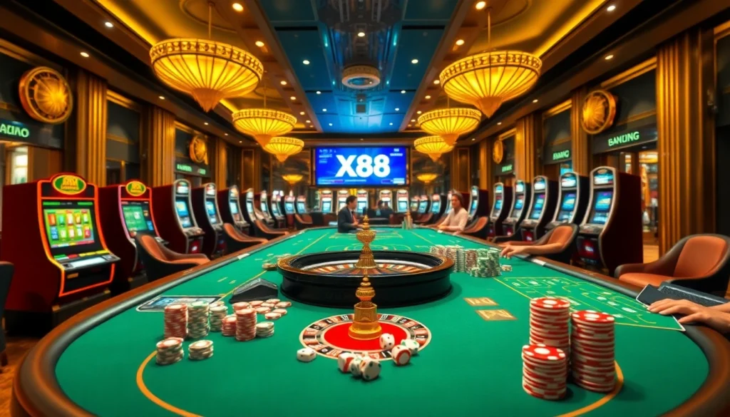 X88 casino scene with poker tables, roulette, and vibrant slot machines highlighting online gambling excitement.
