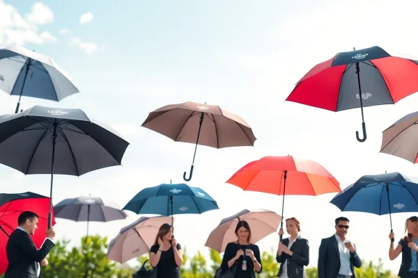 Reklaminiai skėčiai su logotipu demonstruojami lauke, išryškinantys įvairovę dizainų ir prekės ženklų įvaizdį.
