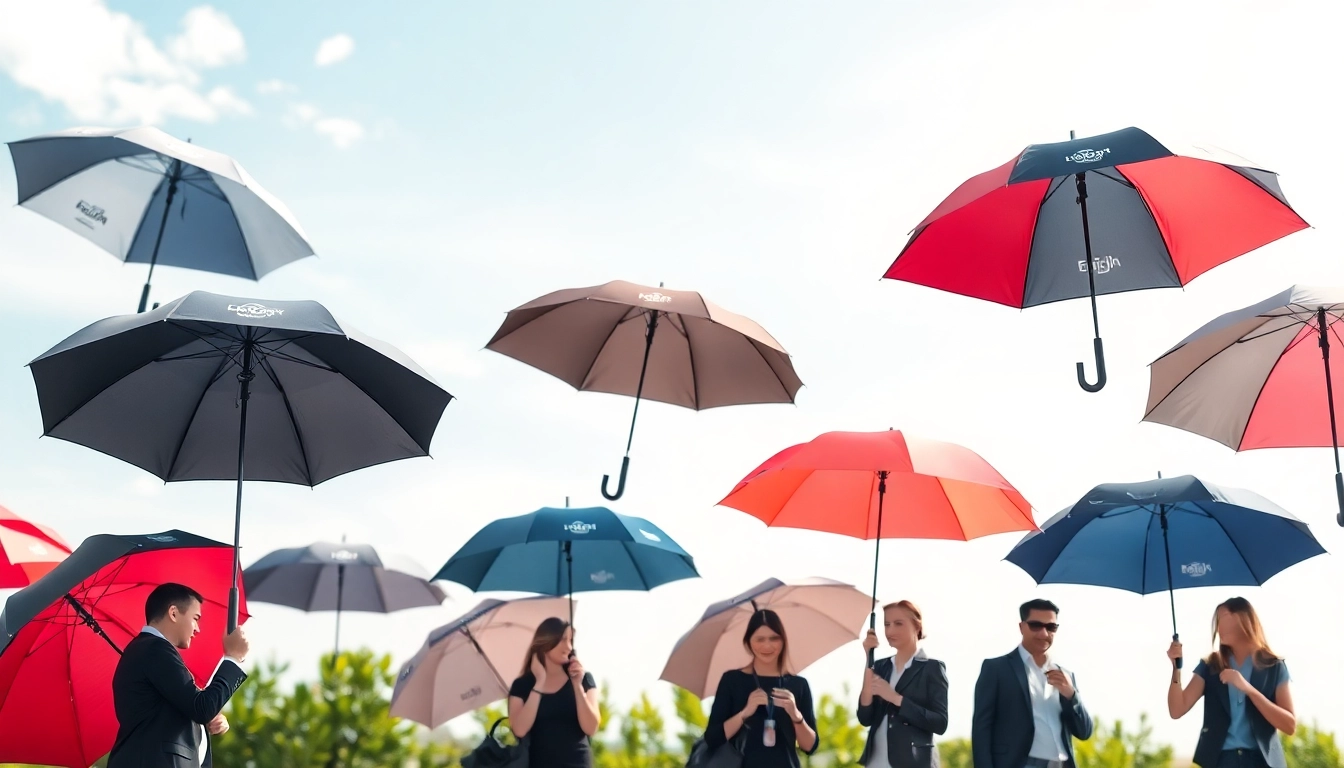 Reklaminiai skėčiai su logotipu demonstruojami lauke, išryškinantys įvairovę dizainų ir prekės ženklų įvaizdį.