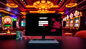 Place your bets on sbobet login with a luxurious online casino setup featuring vibrant chips and slot machines.