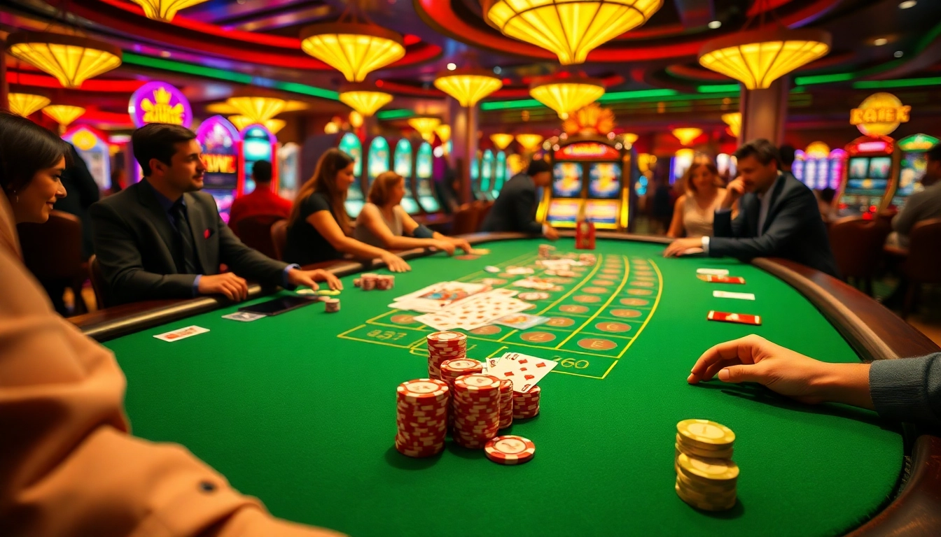 Players engaging in strategic betting at a luxurious blackjack table in a vibrant casino setting, enhancing their kjc gaming experience.