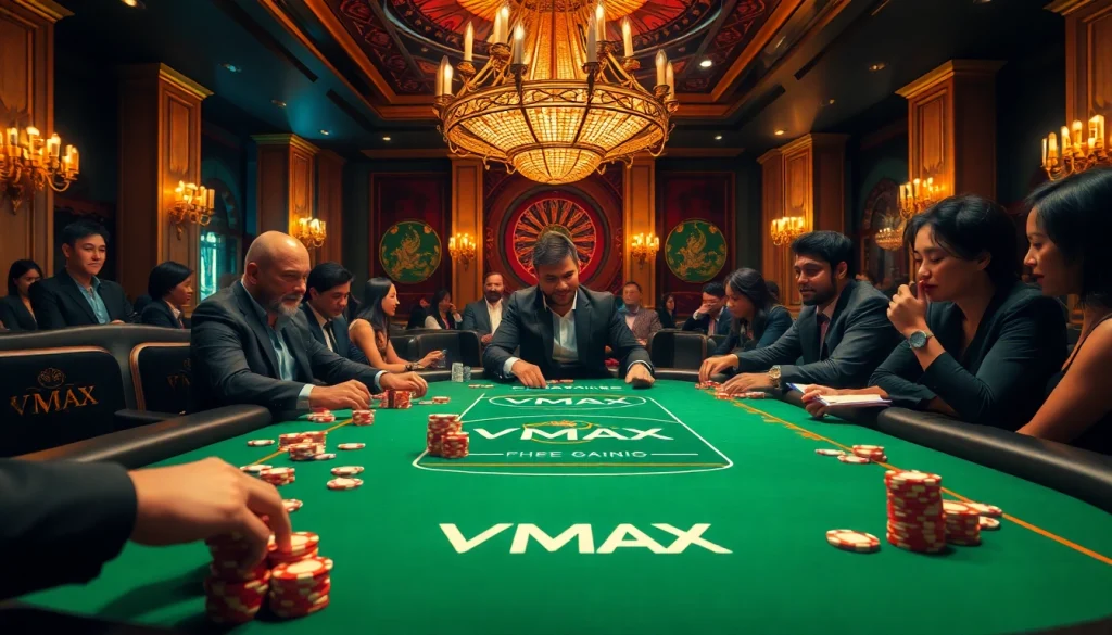 Players excitedly engage with the VMAX casino table during a thrilling poker game.