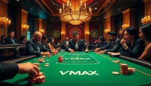 Players excitedly engage with the VMAX casino table during a thrilling poker game.