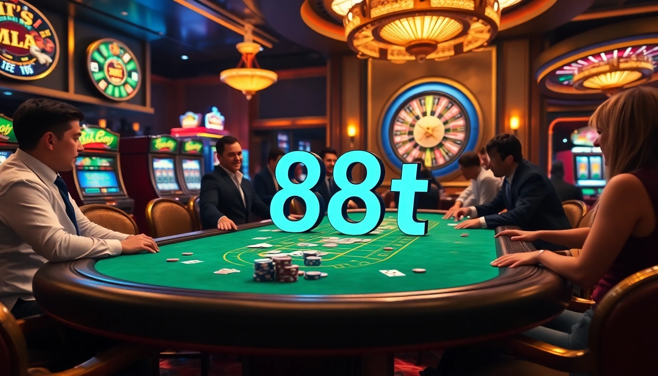 Excited players engaging in poker at a casino table featuring the keyword 88t.