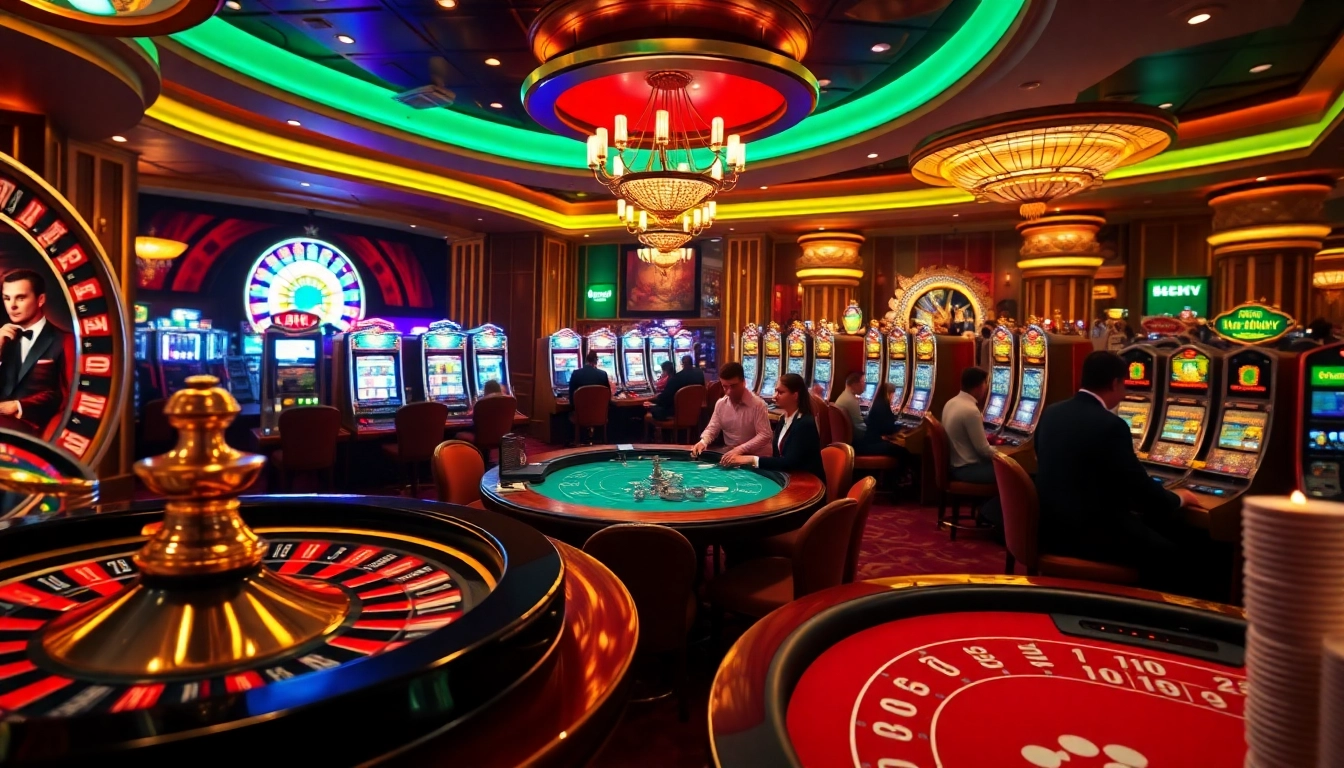 Exciting gaming action at the luxurious casino floor featuring 688v poker tables and slot machines.