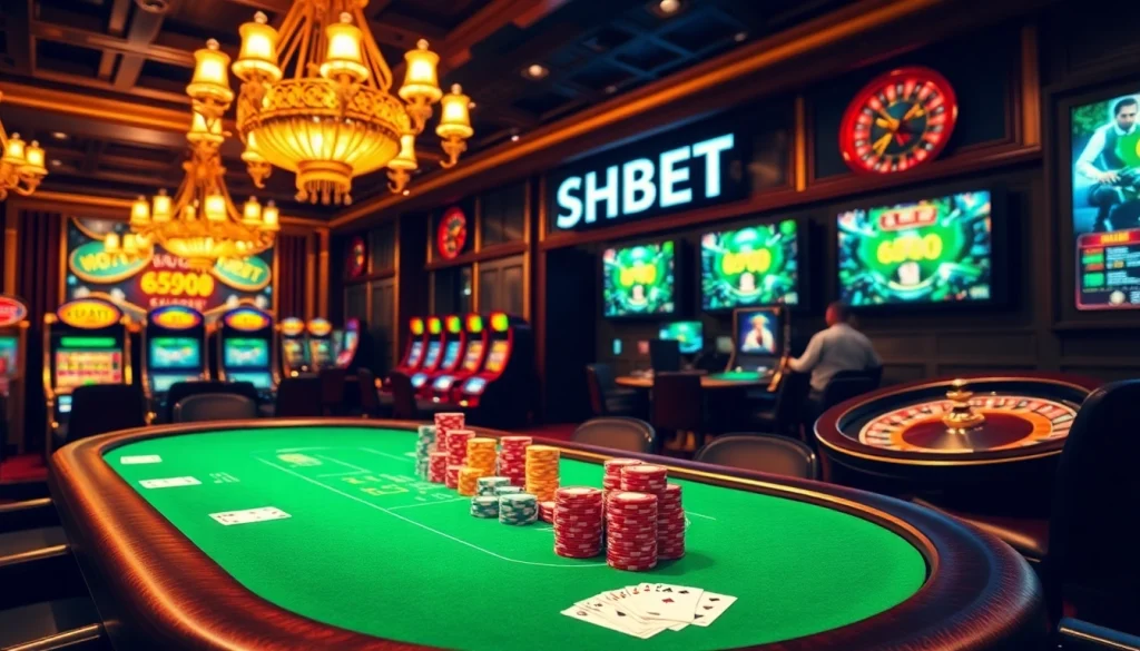 Engage in exciting gaming experiences using SHBET with vibrant tables and professional players in a luxurious casino.