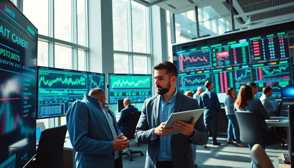 Dynamic trading environment showcasing quantum ai trading canada with diverse professionals analyzing AI-generated data.