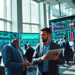 Dynamic trading environment showcasing quantum ai trading canada with diverse professionals analyzing AI-generated data.