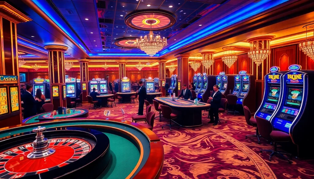 Experience the excitement of online gambling at https://33bd.io/ with a vivid casino scene showcasing players at luxurious tables.