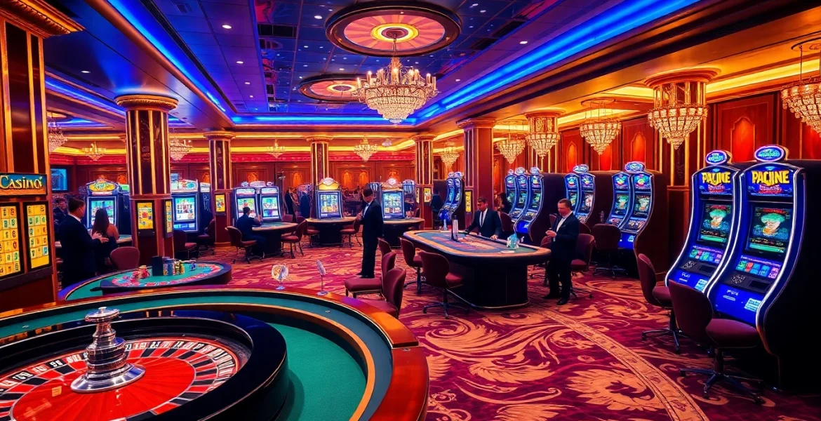 Experience the excitement of online gambling at https://33bd.io/ with a vivid casino scene showcasing players at luxurious tables.