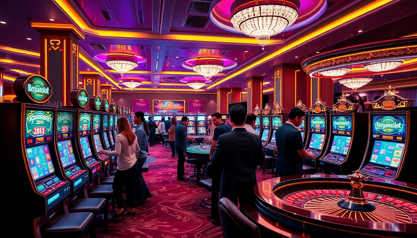 Players engaging with kerajaanslot-themed slot machines in a lively casino setting.