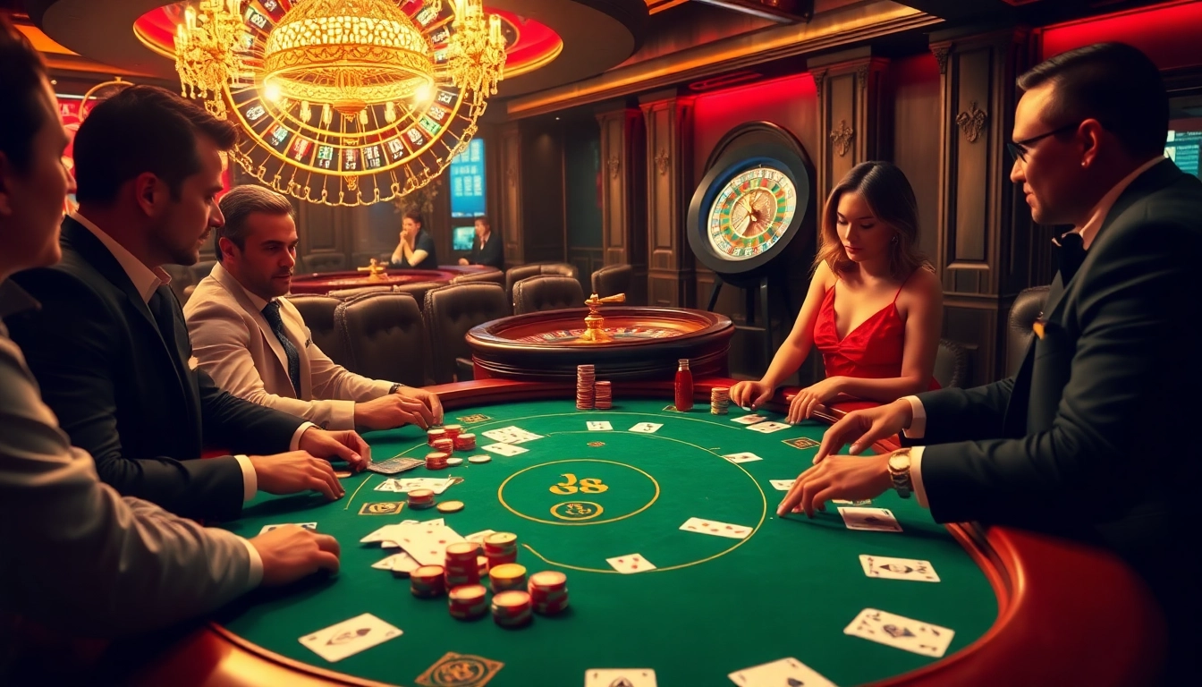 Experience thrilling j88 gameplay at an upscale casino poker table surrounded by excited players.