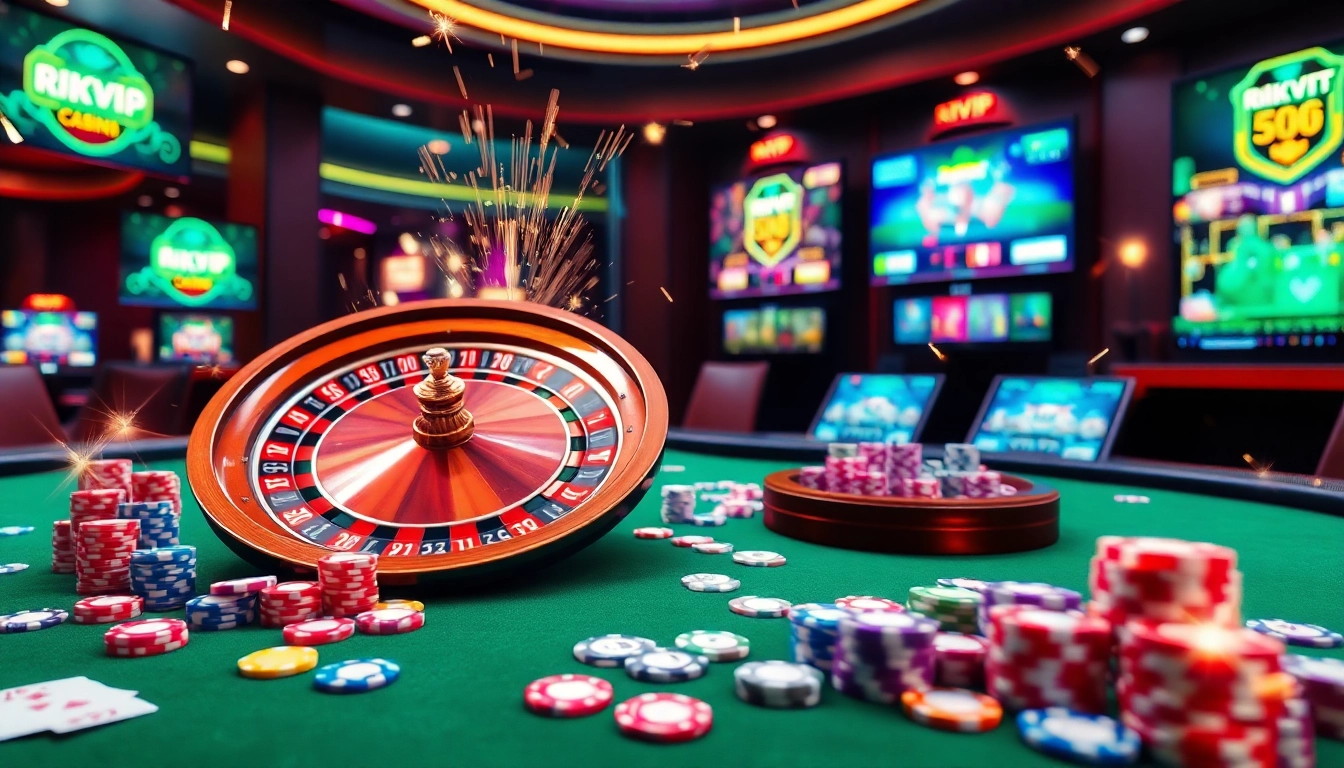 Experience the excitement of rikvip with vibrant casino visuals featuring roulette and poker chips.