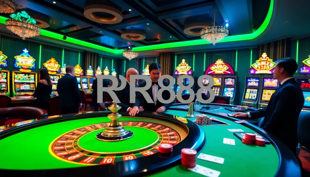 Experience thrilling gameplay at RR88 with a luxurious casino setting featuring roulette and poker.