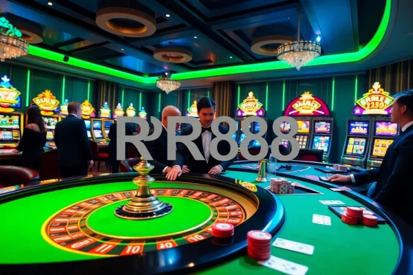 Experience thrilling gameplay at RR88 with a luxurious casino setting featuring roulette and poker.