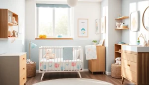 Stylish and cozy nursery reflecting MMOO brand elements with soft colors and modern decor.