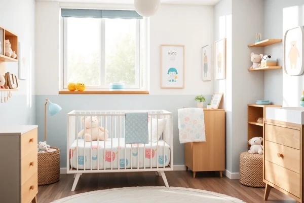 Stylish and cozy nursery reflecting MMOO brand elements with soft colors and modern decor.