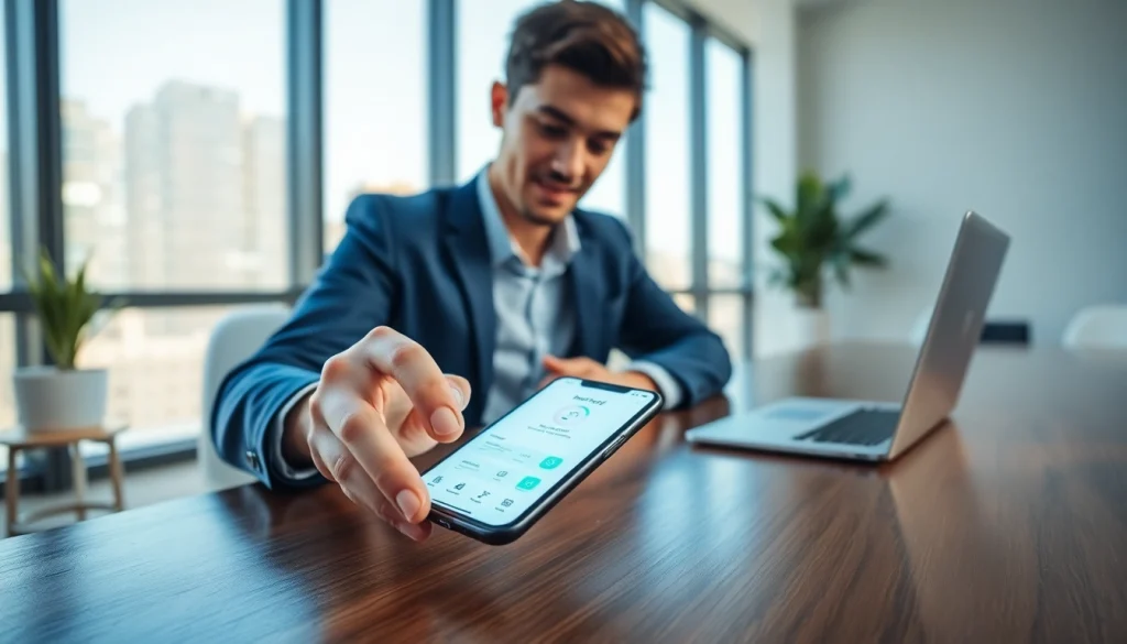 快连下载 app installation on smartphone in an inspiring office setting.