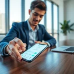 快连下载 app installation on smartphone in an inspiring office setting.