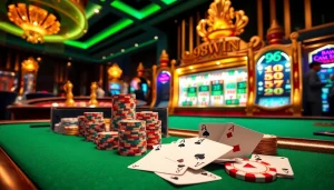 A vibrant casino scene featuring 98WIN, with players excitedly engaging at a roulette table and a slot machine.