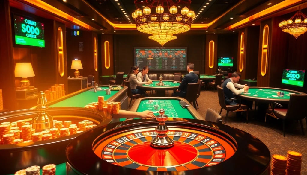 SODO-themed casino scene with vibrant tables, poker players, and a roulette wheel.
