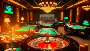 SODO-themed casino scene with vibrant tables, poker players, and a roulette wheel.