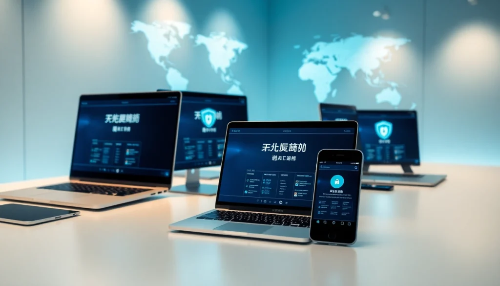 快连下载 interface displayed on multiple devices in a modern workspace promoting global connectivity.