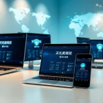 快连下载 interface displayed on multiple devices in a modern workspace promoting global connectivity.