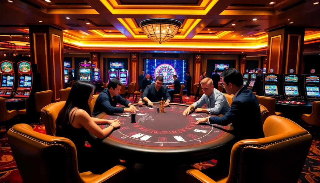 Gamblers strategizing at a poker table in a luxurious casino setting at ketquabongda.eu.com.