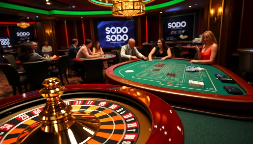 Experience the vibrant atmosphere at SODO Casino with players engaged in thrilling games.