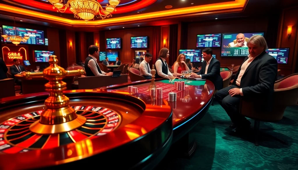 A dynamic gg88 com casino scene featuring a roulette wheel, poker chips, and players engaged in high-stakes gaming.