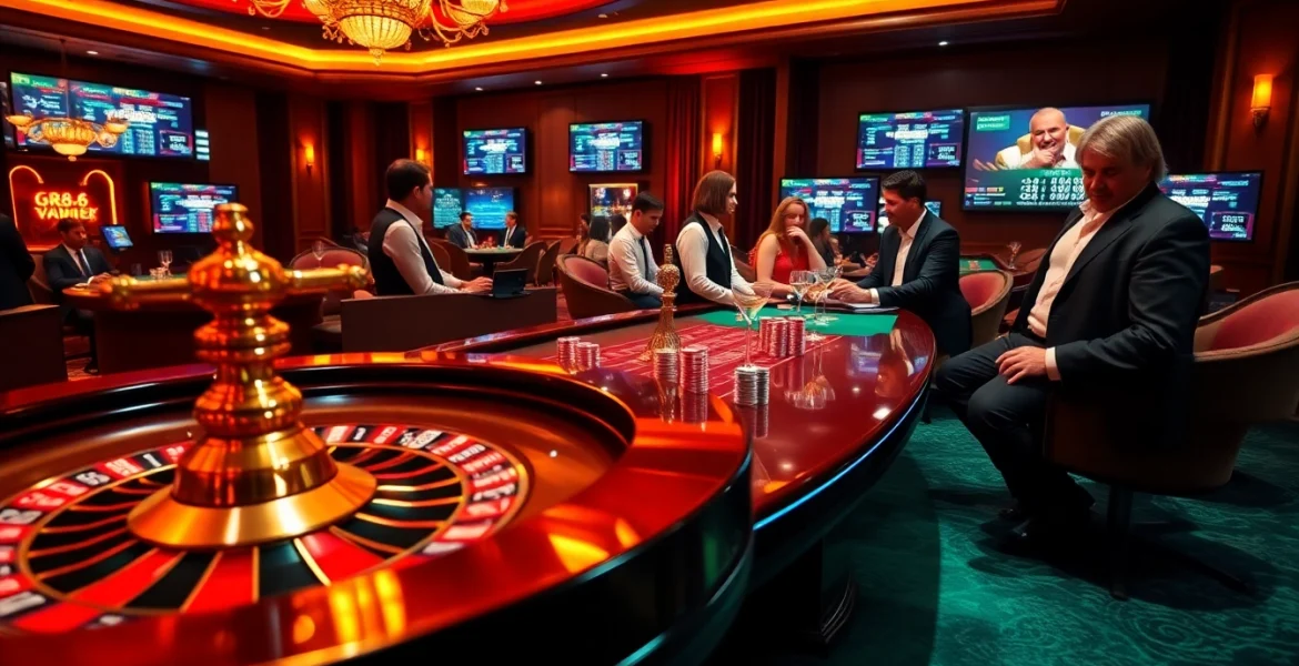 A dynamic gg88 com casino scene featuring a roulette wheel, poker chips, and players engaged in high-stakes gaming.