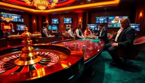 A dynamic gg88 com casino scene featuring a roulette wheel, poker chips, and players engaged in high-stakes gaming.