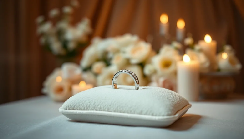 ベルベットの上に美しく展示されたエレガントな結婚指輪と花のアクセントが、時を超える結婚の美を捉える。