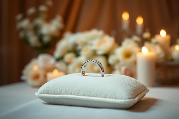 ベルベットの上に美しく展示されたエレガントな結婚指輪と花のアクセントが、時を超える結婚の美を捉える。