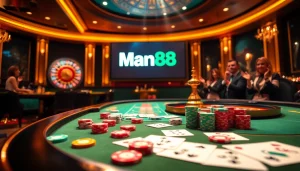 Experience the excitement of Man88 with vibrant casino elements, including poker chips and roulette wheels.